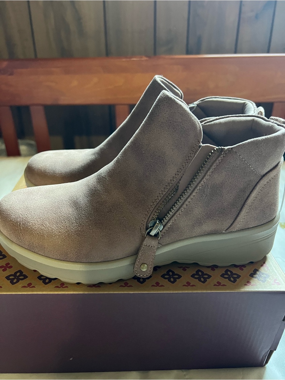 Skechers Dusty Taupe Wedge Zip Ankle Booties